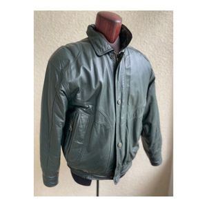 Vintage 90s Green Leather Bomber Dad Jacket Southwest Pattern Lining